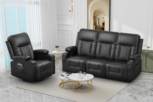 FURNIMAT Recliner Sofa Set with 3+1 Pieces in Living Room, 3 Seater Reclining Sofa, 1 Recliner Chair with 360 Degree Swivel Single Sofa Seat