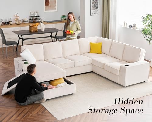 PaPaJet Oversized Sofa, U Shaped Sofa Couch with Storage Chaise, Sectional Sofa Couch with USB Ports & Cup Holder, Corduroy Couch—Beige