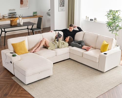 PaPaJet Oversized Sofa, U Shaped Sofa Couch with Storage Chaise, Sectional Sofa Couch with USB Ports & Cup Holder, Corduroy Couch—Beige