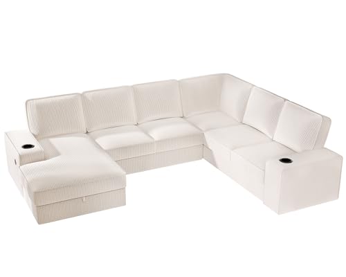 PaPaJet Oversized Sofa, U Shaped Sofa Couch with Storage Chaise, Sectional Sofa Couch with USB Ports & Cup Holder, Corduroy Couch—Beige