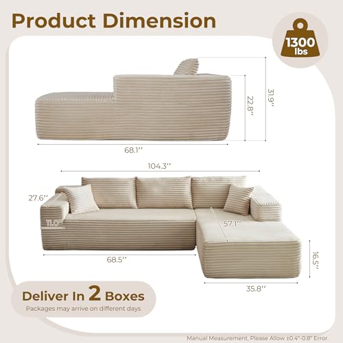 104" L-Shape Modular Sectional Sofa Couch - Comfy Upholstered Cloud Couch for Living Room - Modern Minimalist Couch,Deep Seat,No Assembly Required (Beige,Plush Corduroy, Right Facing Chaise)