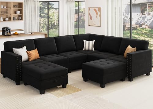 HONBAY Velvet Modular Sectional Sofa, L Shaped Sofa Couch with Storage Top Tray Ottoman U Shape Sectional Couch for Living Room, Black