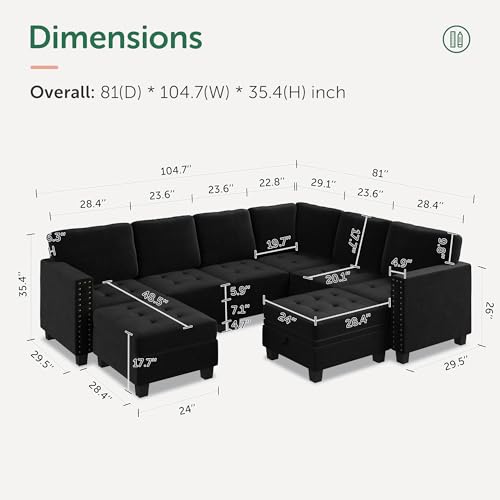 HONBAY Velvet Modular Sectional Sofa, L Shaped Sofa Couch with Storage Top Tray Ottoman U Shape Sectional Couch for Living Room, Black