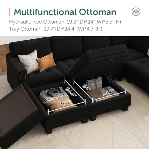 HONBAY Velvet Modular Sectional Sofa, L Shaped Sofa Couch with Storage Top Tray Ottoman U Shape Sectional Couch for Living Room, Black