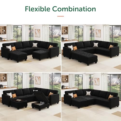 HONBAY Velvet Modular Sectional Sofa, L Shaped Sofa Couch with Storage Top Tray Ottoman U Shape Sectional Couch for Living Room, Black