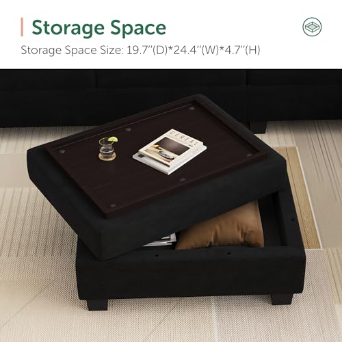 HONBAY Velvet Modular Sectional Sofa, L Shaped Sofa Couch with Storage Top Tray Ottoman U Shape Sectional Couch for Living Room, Black