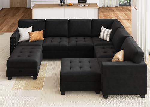 HONBAY Velvet Modular Sectional Sofa, L Shaped Sofa Couch with Storage Top Tray Ottoman U Shape Sectional Couch for Living Room, Black