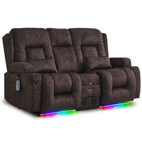 URRED Power Loveseat Recliner Sofa, Velvet Fabric Home Theater Seating with LED Ambient Light, Double Recliner RV Sofa with Flipped Middle Backrest/Bluetooth Speakers/USB/Built-in Outlets, Brown