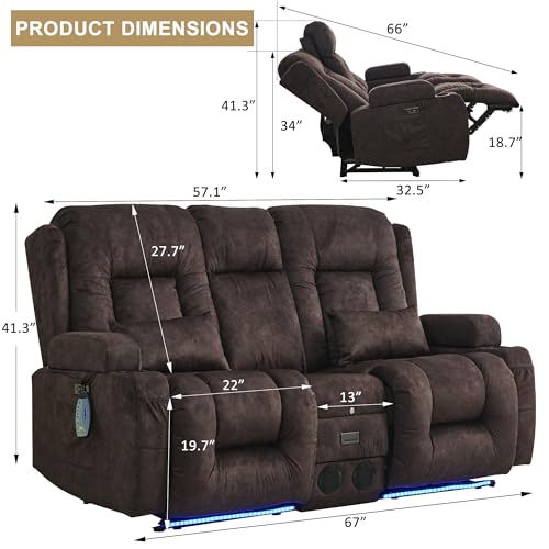 URRED Power Loveseat Recliner Sofa, Velvet Fabric Home Theater Seating with LED Ambient Light, Double Recliner RV Sofa with Flipped Middle Backrest/Bluetooth Speakers/USB/Built-in Outlets, Brown