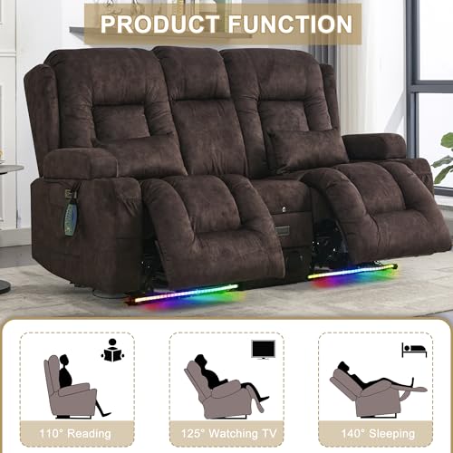 URRED Power Loveseat Recliner Sofa, Velvet Fabric Home Theater Seating with LED Ambient Light, Double Recliner RV Sofa with Flipped Middle Backrest/Bluetooth Speakers/USB/Built-in Outlets, Brown