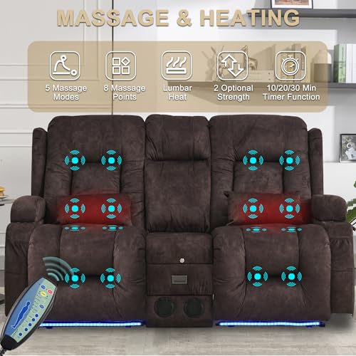 URRED Power Loveseat Recliner Sofa, Velvet Fabric Home Theater Seating with LED Ambient Light, Double Recliner RV Sofa with Flipped Middle Backrest/Bluetooth Speakers/USB/Built-in Outlets, Brown