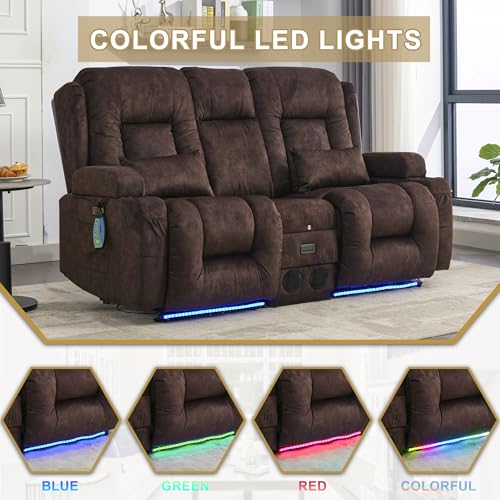 URRED Power Loveseat Recliner Sofa, Velvet Fabric Home Theater Seating with LED Ambient Light, Double Recliner RV Sofa with Flipped Middle Backrest/Bluetooth Speakers/USB/Built-in Outlets, Brown