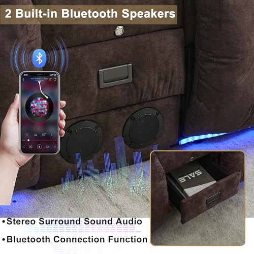 URRED Power Loveseat Recliner Sofa, Velvet Fabric Home Theater Seating with LED Ambient Light, Double Recliner RV Sofa with Flipped Middle Backrest/Bluetooth Speakers/USB/Built-in Outlets, Brown
