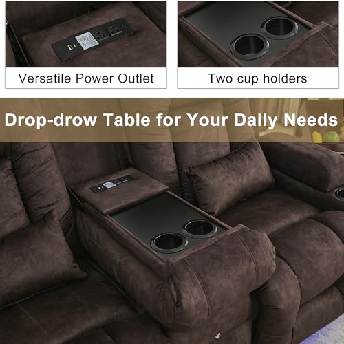 URRED Power Loveseat Recliner Sofa, Velvet Fabric Home Theater Seating with LED Ambient Light, Double Recliner RV Sofa with Flipped Middle Backrest/Bluetooth Speakers/USB/Built-in Outlets, Brown