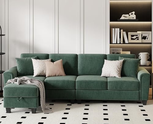 KKL Convertible Sectional Sofa, Corduroy, Green, 106 inch, L Shaped Couch with Storage Ottoman