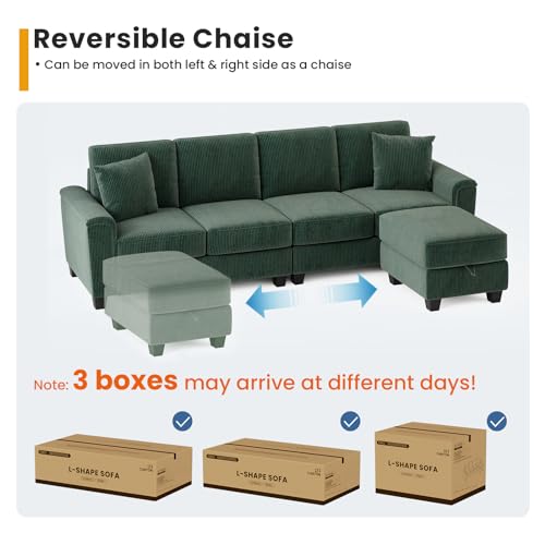 KKL Convertible Sectional Sofa, Corduroy, Green, 106 inch, L Shaped Couch with Storage Ottoman