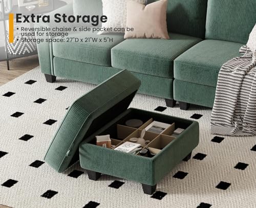 KKL Convertible Sectional Sofa, Corduroy, Green, 106 inch, L Shaped Couch with Storage Ottoman