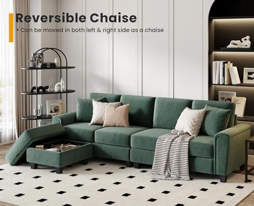 KKL Convertible Sectional Sofa, Corduroy, Green, 106 inch, L Shaped Couch with Storage Ottoman