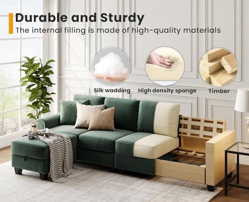 KKL Convertible Sectional Sofa, Corduroy, Green, 106 inch, L Shaped Couch with Storage Ottoman