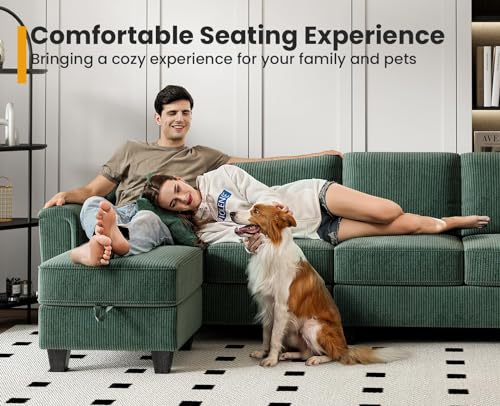 KKL Convertible Sectional Sofa, Corduroy, Green, 106 inch, L Shaped Couch with Storage Ottoman