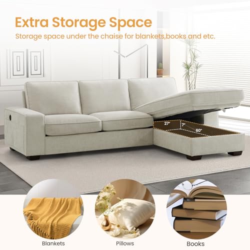 COHOME 100" L-Shaped Sofa with Storage, Chenille Upholstered Deep Seat Couch for Living Room, Sofa with Reversible Chaise, Removable Covers, 3-Seater Apartment Sofa with Charge Ports,Beige
