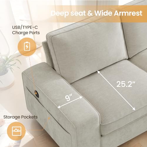 COHOME 100" L-Shaped Sofa with Storage, Chenille Upholstered Deep Seat Couch for Living Room, Sofa with Reversible Chaise, Removable Covers, 3-Seater Apartment Sofa with Charge Ports,Beige