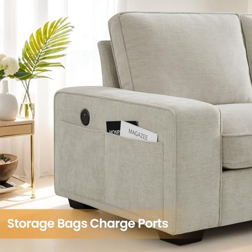 COHOME 100" L-Shaped Sofa with Storage, Chenille Upholstered Deep Seat Couch for Living Room, Sofa with Reversible Chaise, Removable Covers, 3-Seater Apartment Sofa with Charge Ports,Beige