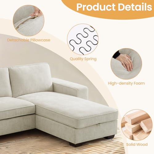 COHOME 100" L-Shaped Sofa with Storage, Chenille Upholstered Deep Seat Couch for Living Room, Sofa with Reversible Chaise, Removable Covers, 3-Seater Apartment Sofa with Charge Ports,Beige