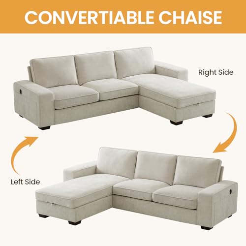 COHOME 100" L-Shaped Sofa with Storage, Chenille Upholstered Deep Seat Couch for Living Room, Sofa with Reversible Chaise, Removable Covers, 3-Seater Apartment Sofa with Charge Ports,Beige