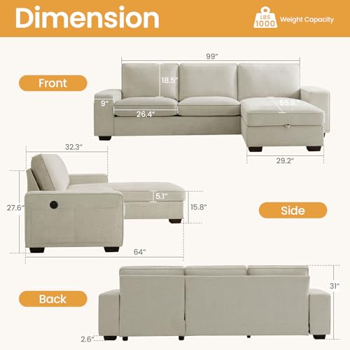 COHOME 100" L-Shaped Sofa with Storage, Chenille Upholstered Deep Seat Couch for Living Room, Sofa with Reversible Chaise, Removable Covers, 3-Seater Apartment Sofa with Charge Ports,Beige