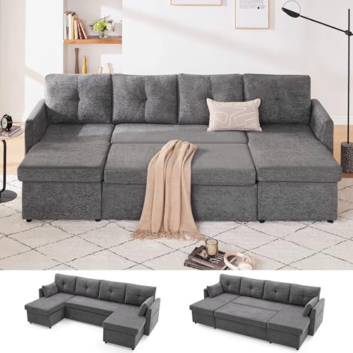 Huatean Home Sleeper Sofa Couch, 110 inch Oversize 2 in 1 Pullout Sofa Bed with Double Storage Chaise, Sectional Sleeper Sofa Bed with Side Pocket for Living Room, Dark Grey