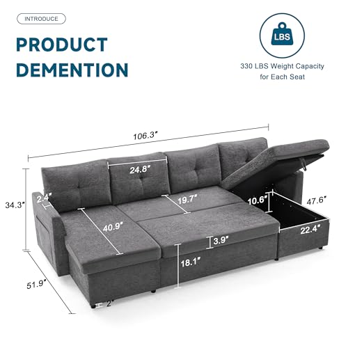Huatean Home Sleeper Sofa Couch, 110 inch Oversize 2 in 1 Pullout Sofa Bed with Double Storage Chaise, Sectional Sleeper Sofa Bed with Side Pocket for Living Room, Dark Grey
