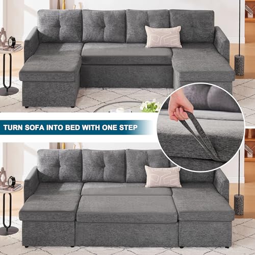 Huatean Home Sleeper Sofa Couch, 110 inch Oversize 2 in 1 Pullout Sofa Bed with Double Storage Chaise, Sectional Sleeper Sofa Bed with Side Pocket for Living Room, Dark Grey