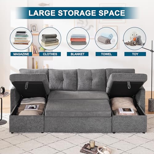 Huatean Home Sleeper Sofa Couch, 110 inch Oversize 2 in 1 Pullout Sofa Bed with Double Storage Chaise, Sectional Sleeper Sofa Bed with Side Pocket for Living Room, Dark Grey