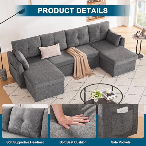Huatean Home Sleeper Sofa Couch, 110 inch Oversize 2 in 1 Pullout Sofa Bed with Double Storage Chaise, Sectional Sleeper Sofa Bed with Side Pocket for Living Room, Dark Grey