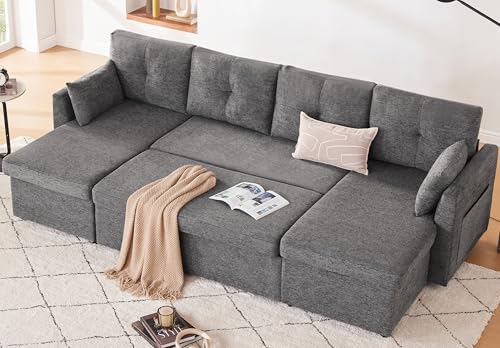 Huatean Home Sleeper Sofa Couch, 110 inch Oversize 2 in 1 Pullout Sofa Bed with Double Storage Chaise, Sectional Sleeper Sofa Bed with Side Pocket for Living Room, Dark Grey