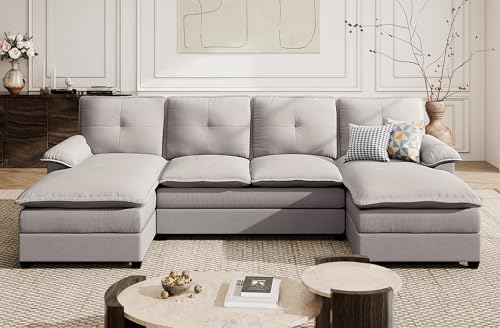 Shintenchi 110" Modular Sectional Couches for Living Room, U-Shaped Sofa Couch with Double Chaise, 4 Seat Sofa Sets with Thick Cushion & Soft Backrest, Creamy White