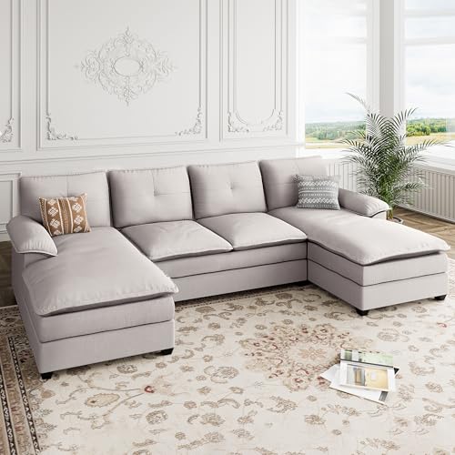 Shintenchi 110" Modular Sectional Couches for Living Room, U-Shaped Sofa Couch with Double Chaise, 4 Seat Sofa Sets with Thick Cushion & Soft Backrest, Creamy White