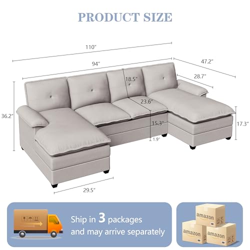 Shintenchi 110" Modular Sectional Couches for Living Room, U-Shaped Sofa Couch with Double Chaise, 4 Seat Sofa Sets with Thick Cushion & Soft Backrest, Creamy White