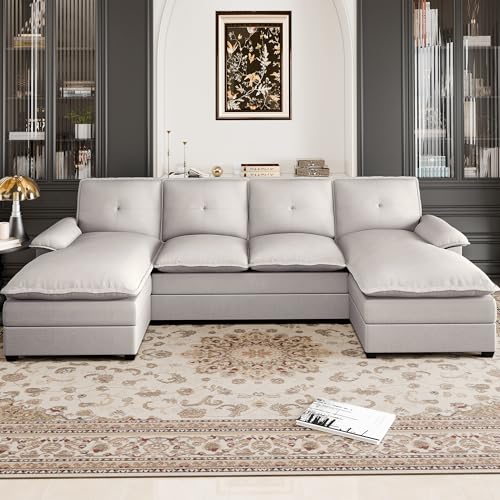 Shintenchi 110" Modular Sectional Couches for Living Room, U-Shaped Sofa Couch with Double Chaise, 4 Seat Sofa Sets with Thick Cushion & Soft Backrest, Creamy White
