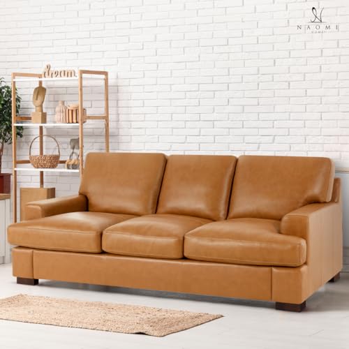 Naomi Home Siggy Genuine Leather Sofa - Luxurious Comfort, Goose Feather Cushion Filling, Square Arm Design, Sturdy Block Legs, Elegant Tan - Ideal for Living Room, Office, or Bedroom