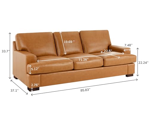 Naomi Home Siggy Genuine Leather Sofa - Luxurious Comfort, Goose Feather Cushion Filling, Square Arm Design, Sturdy Block Legs, Elegant Tan - Ideal for Living Room, Office, or Bedroom