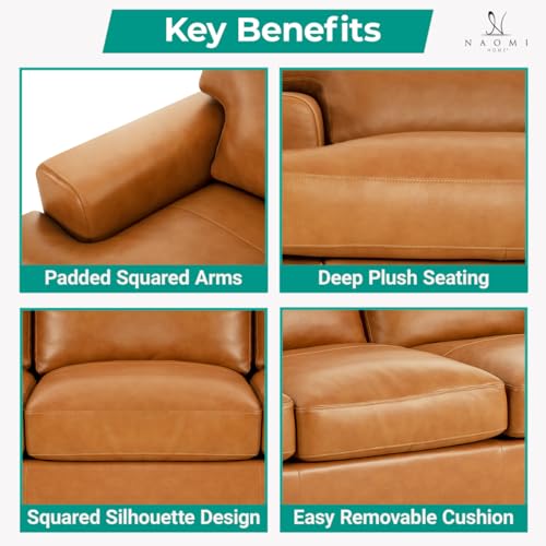 Naomi Home Siggy Genuine Leather Sofa - Luxurious Comfort, Goose Feather Cushion Filling, Square Arm Design, Sturdy Block Legs, Elegant Tan - Ideal for Living Room, Office, or Bedroom