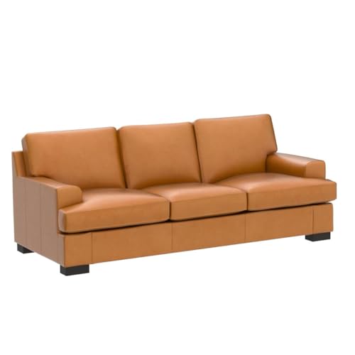 Naomi Home Siggy Genuine Leather Sofa - Luxurious Comfort, Goose Feather Cushion Filling, Square Arm Design, Sturdy Block Legs, Elegant Tan - Ideal for Living Room, Office, or Bedroom