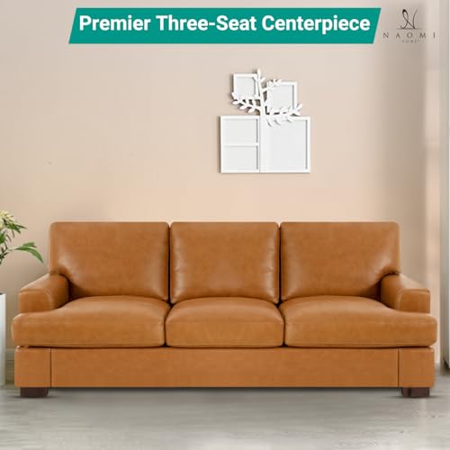 Naomi Home Siggy Genuine Leather Sofa - Luxurious Comfort, Goose Feather Cushion Filling, Square Arm Design, Sturdy Block Legs, Elegant Tan - Ideal for Living Room, Office, or Bedroom