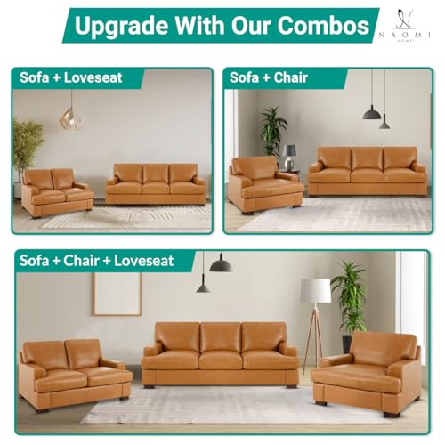 Naomi Home Siggy Genuine Leather Sofa - Luxurious Comfort, Goose Feather Cushion Filling, Square Arm Design, Sturdy Block Legs, Elegant Tan - Ideal for Living Room, Office, or Bedroom