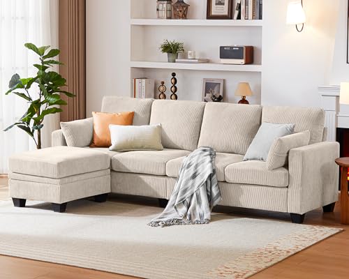 CHIC HOUSE Corduroy Sectional Couch with Ottoman Chaise, L Shaped 4-seat Sofa for Living Room, Apartment, Lounge, Modern Armrest Neck Support Furniture (L-Shaped, Beige)