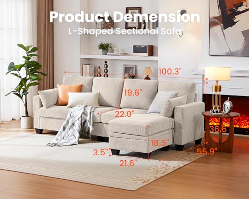CHIC HOUSE Corduroy Sectional Couch with Ottoman Chaise, L Shaped 4-seat Sofa for Living Room, Apartment, Lounge, Modern Armrest Neck Support Furniture (L-Shaped, Beige)