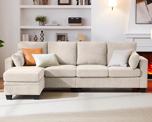 CHIC HOUSE Corduroy Sectional Couch with Ottoman Chaise, L Shaped 4-seat Sofa for Living Room, Apartment, Lounge, Modern Armrest Neck Support Furniture (L-Shaped, Beige)