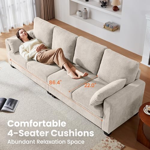 CHIC HOUSE Corduroy Sectional Couch with Ottoman Chaise, L Shaped 4-seat Sofa for Living Room, Apartment, Lounge, Modern Armrest Neck Support Furniture (L-Shaped, Beige)